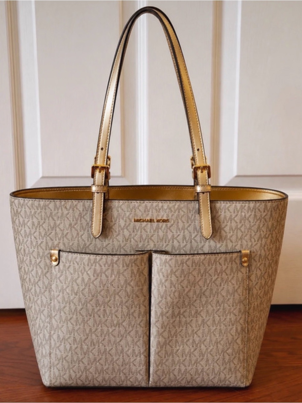 Michael Kors Beige Monogram Shoulder Tote with Gold Trim